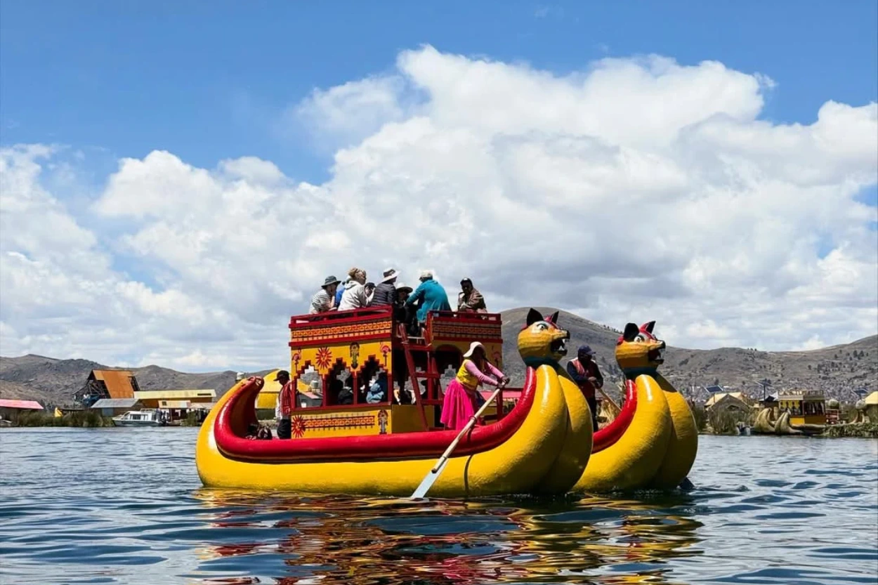 View of the Titicaca Lake with reed boats