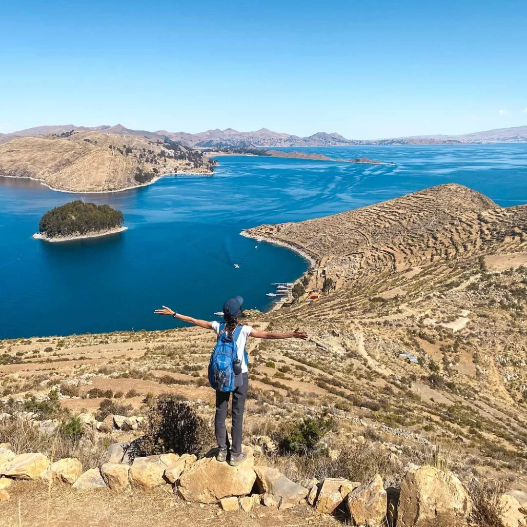 Traveler enjoying Lake Titicaca view