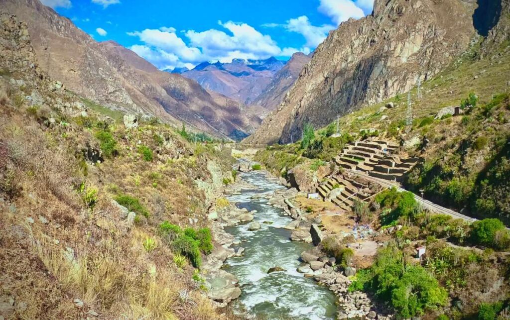 urubamba river and inca terraces on inca trail hiike